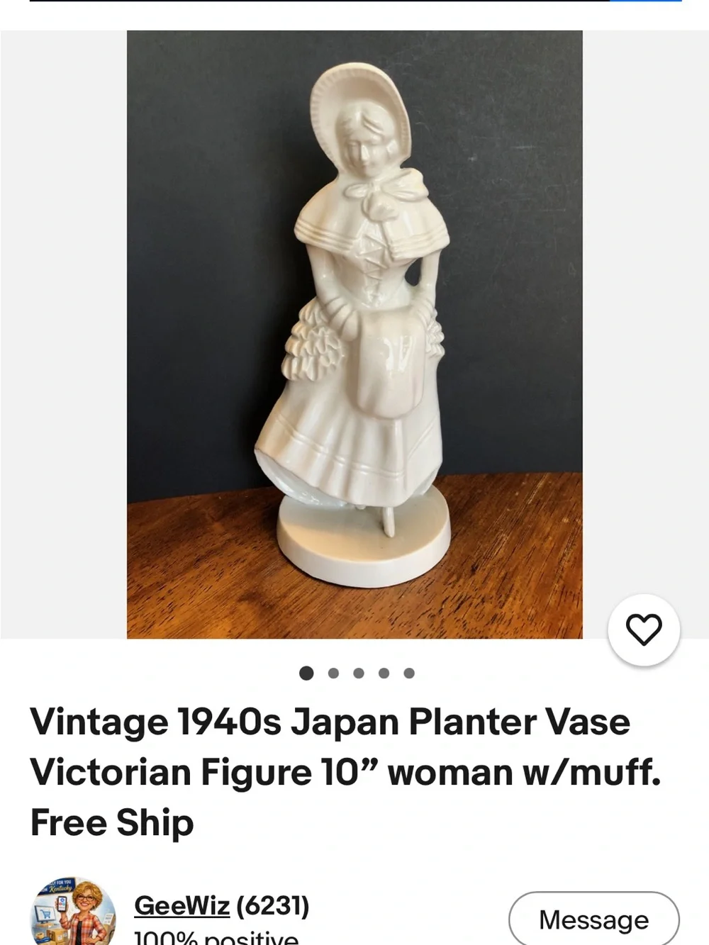 Vintage 1940s-50s Japan White Ceramic Bonnet Girl Planter Vase Figurine - Picture 6 of 6
